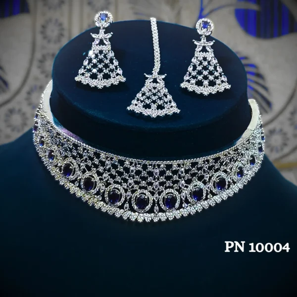 Blue american diamond choker necklace set for women in india | statement necklace set designs online