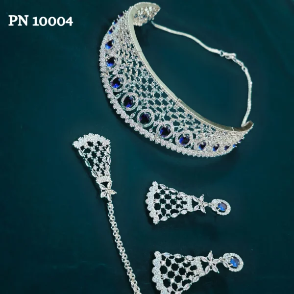 Blue american diamond choker necklace set for women in india | statement necklace set designs online